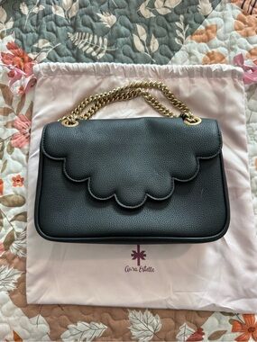 Aura Estelle Black Scalloped Leather Shoulder Bag with Gold Chain